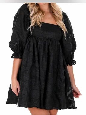 Storia Black Square-Neck Puff Sleeve Babydoll Textured Mini Dress
